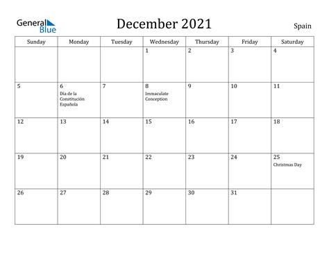 Spanish Calendar December 2021